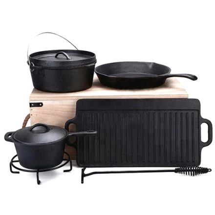 Öntöttvas BBQ Grill Holland sütő szett Fa dobozos 6+1 részes